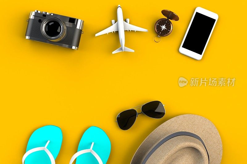 Top view of Traveler’s accessories on yellow table background, Essential vacation items, Travel concept, 3D渲染